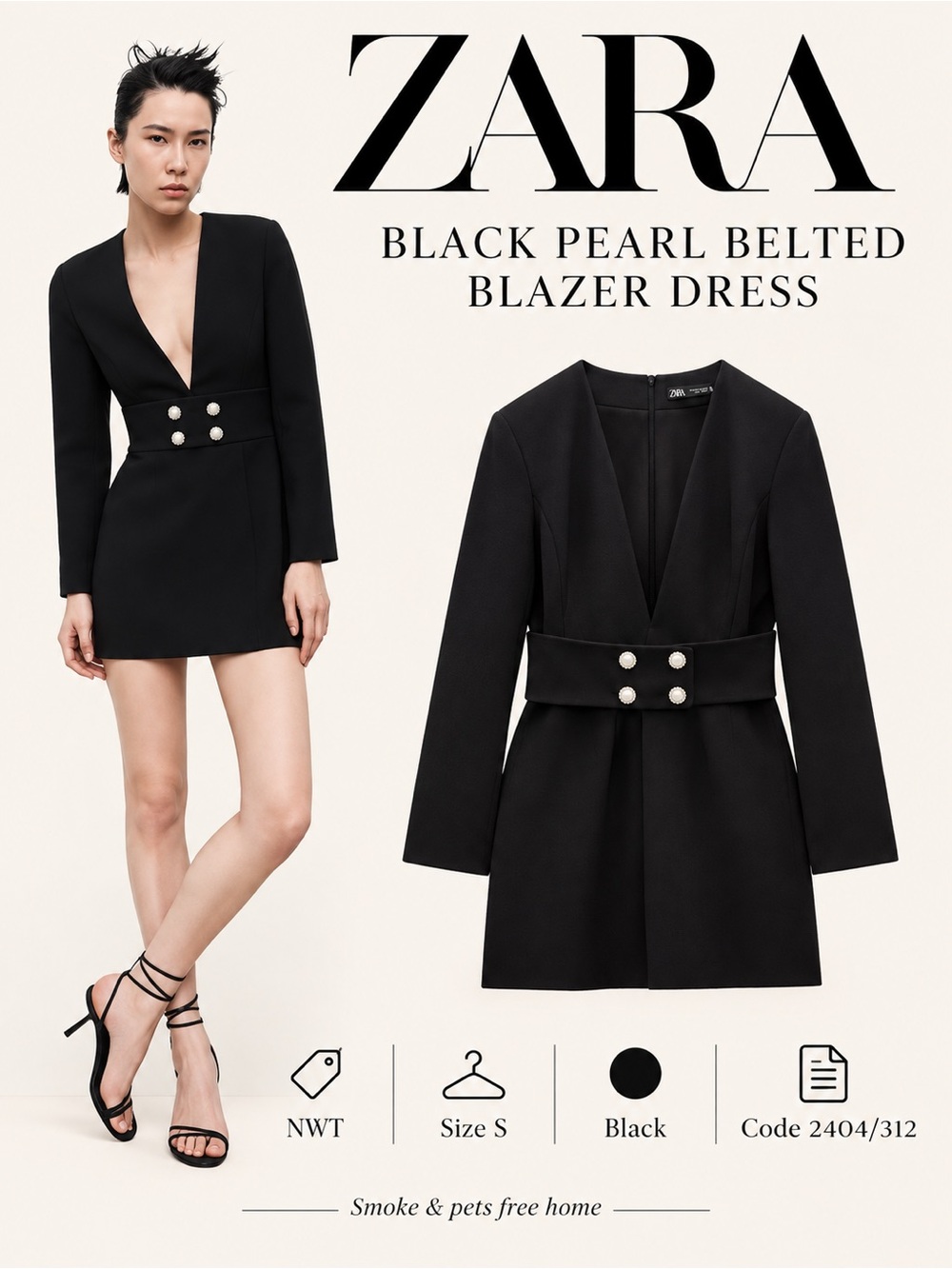 ZARA Black Pearl Button Belted Blazer Mini Dress Size S NWT